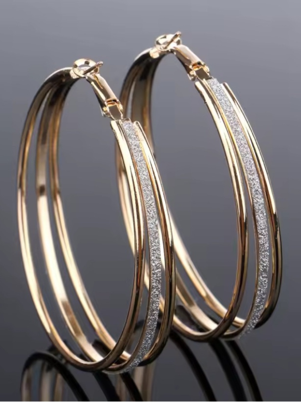 Gold Tone Hoop Earrings with Sparkle Inlay - Women Jewelry